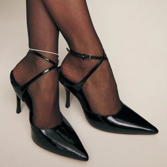 Reformation x Camille Rowe Pippa Black Patent Ankle Strap Heels 9